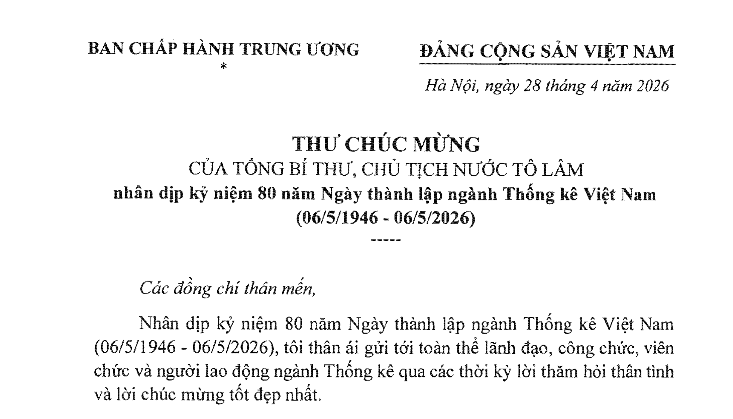 Thư chúc mừng của Tổng Bí thư, Chủ tịch nước Tô Lâm nhân dịp kỷ niệm 80 năm Ngày thành lập ngành Thống kê Việt Nam (06/5/1946-06/5/2026)
